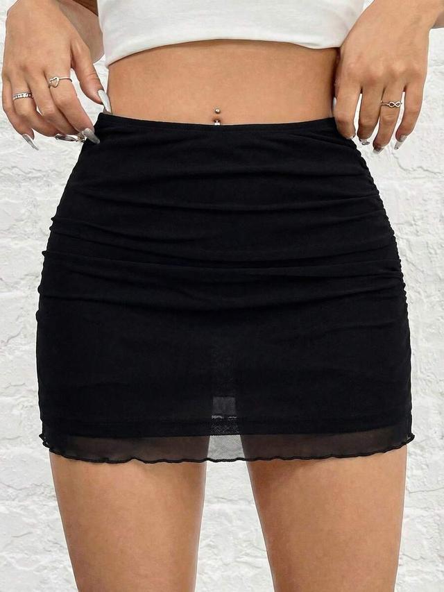 black ruched mesh mini skirt