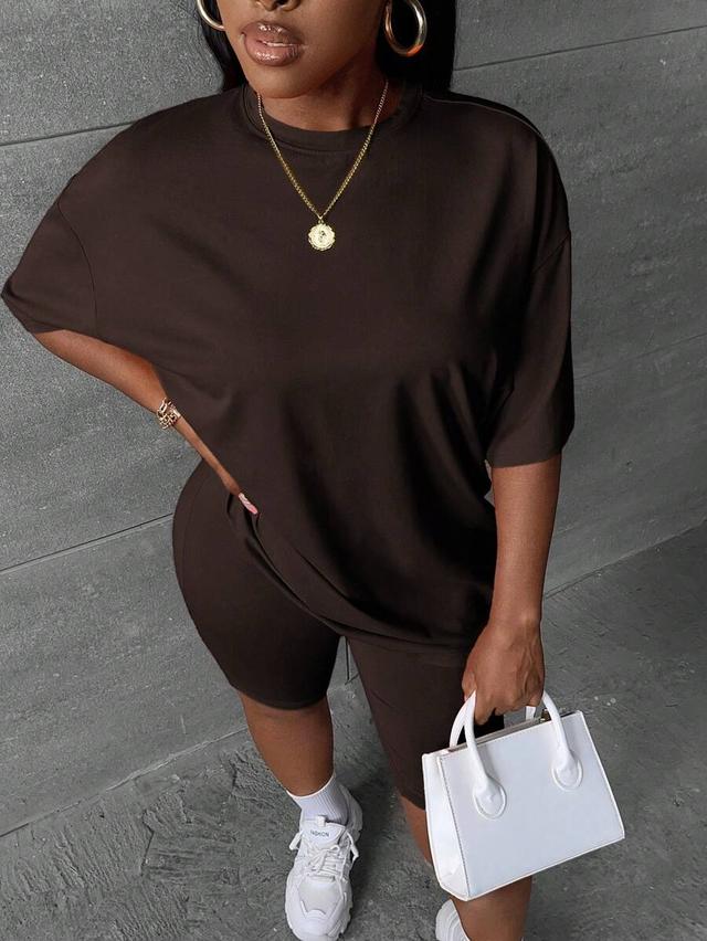 solid brown casual short sleeve crew neck top
