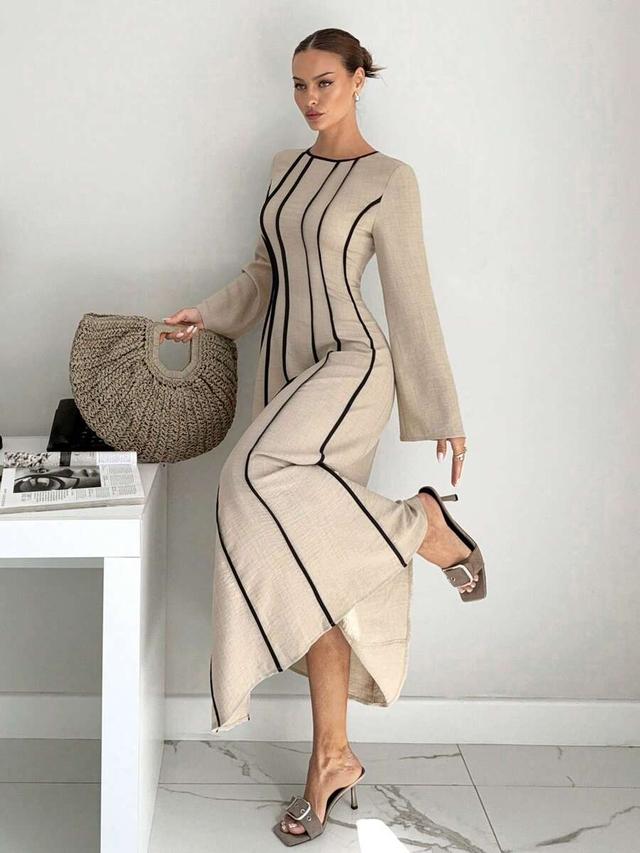 beige linen a-line dress with contrast piping
