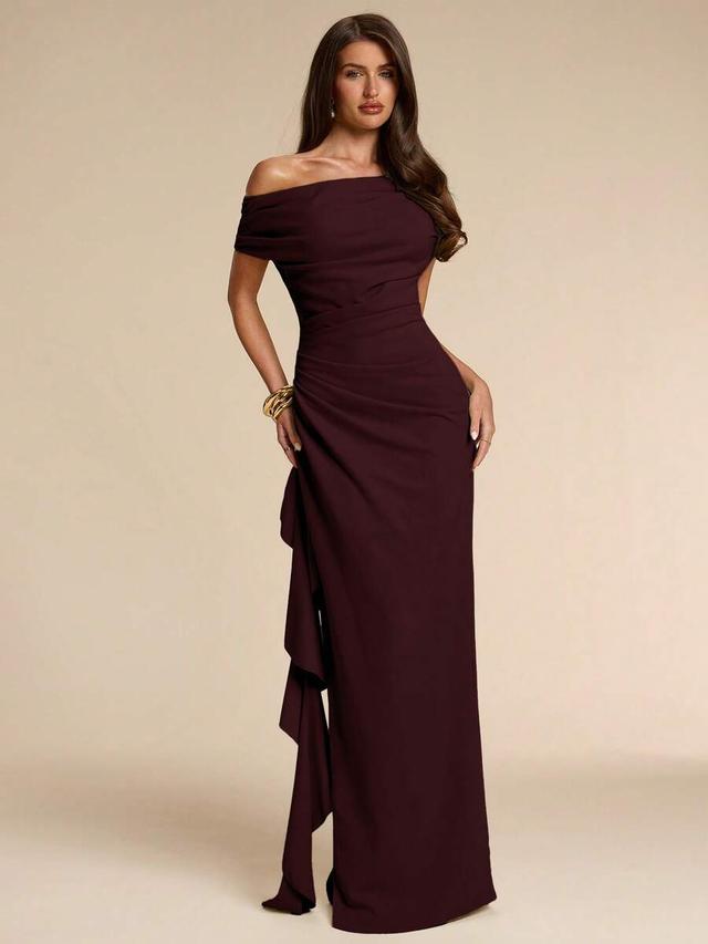 burgundy one-shoulder draped ruffle evening dress