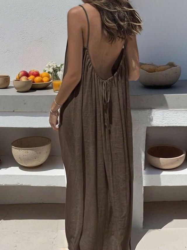 solid brown open back tie casual maxi slip dress