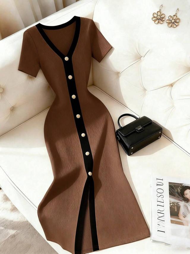 brown ribbed v-neck button front midi dress