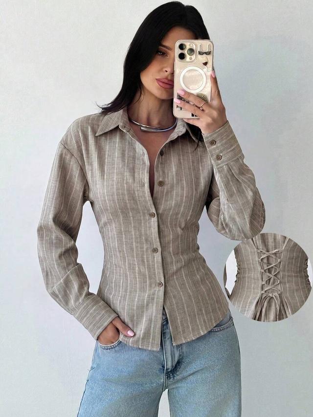 striped long sleeve shirt with back lace-up waist