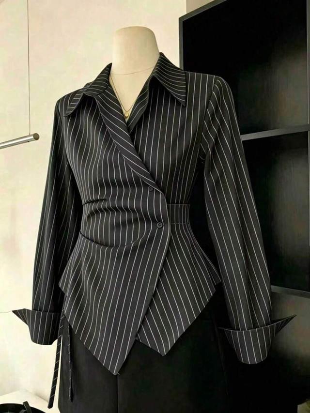 minimalist striped wrap button-front asymmetrical hem shirt