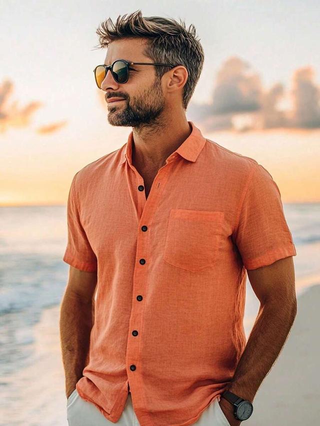 coral men's solid orange casual short sleeve linen shirt