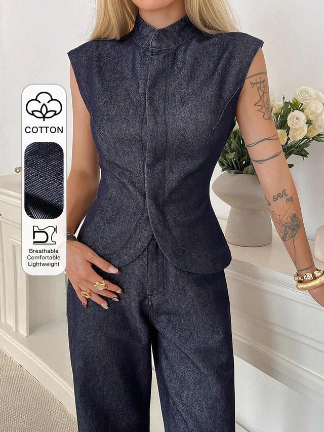 dark wash denim sleeveless mock neck fitted top