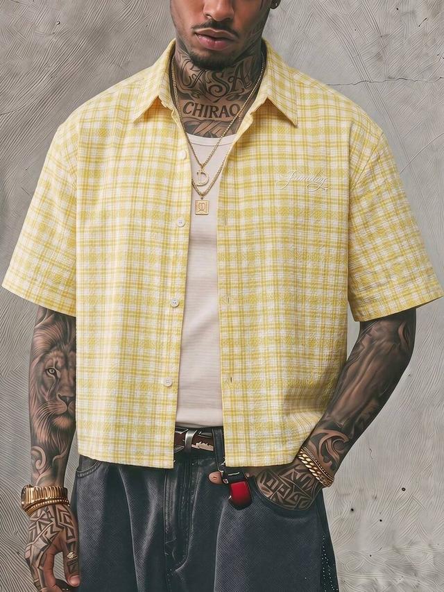 yellow plaid short sleeve boxy casual shirt