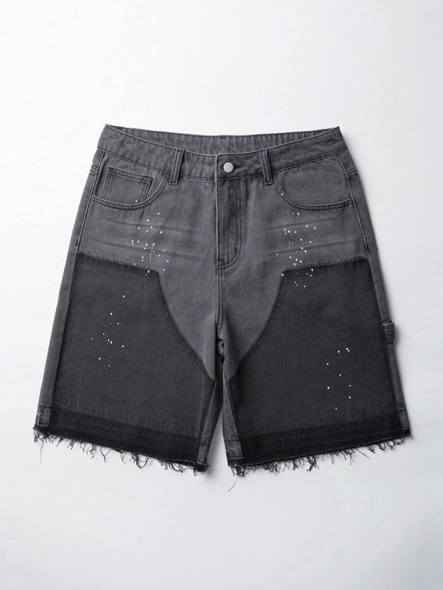grey color blocked frayed hem denim jorts