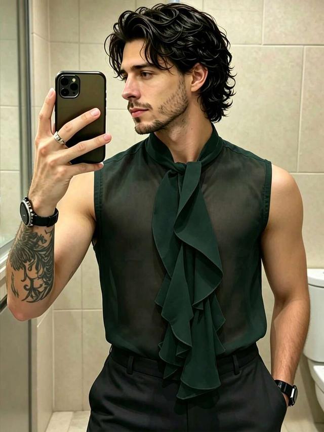 dark green sheer sleeveless ruffle neck shirt