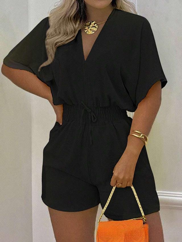 black v-neck short sleeve playsuit with elastic waist