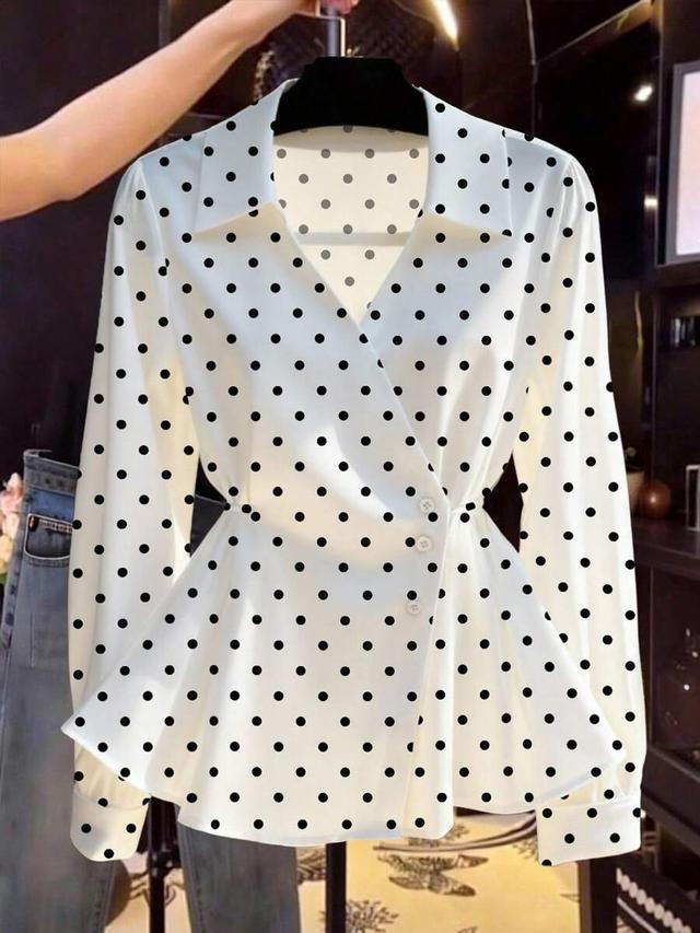 white polka dot v-neck tie-waist long sleeve blouse