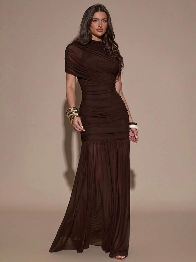 chocolate brown ruched mesh maxi dress