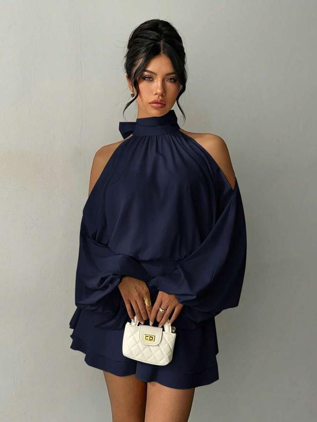 navy blue long sleeve lantern sleeve mini dress