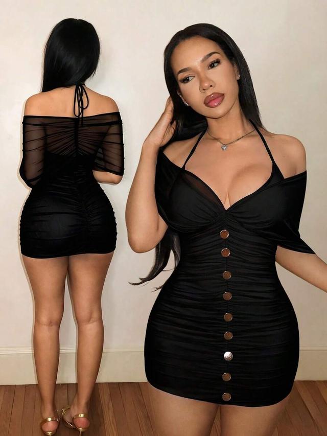 apricot off-shoulder halter neck ruched bodycon mini dress