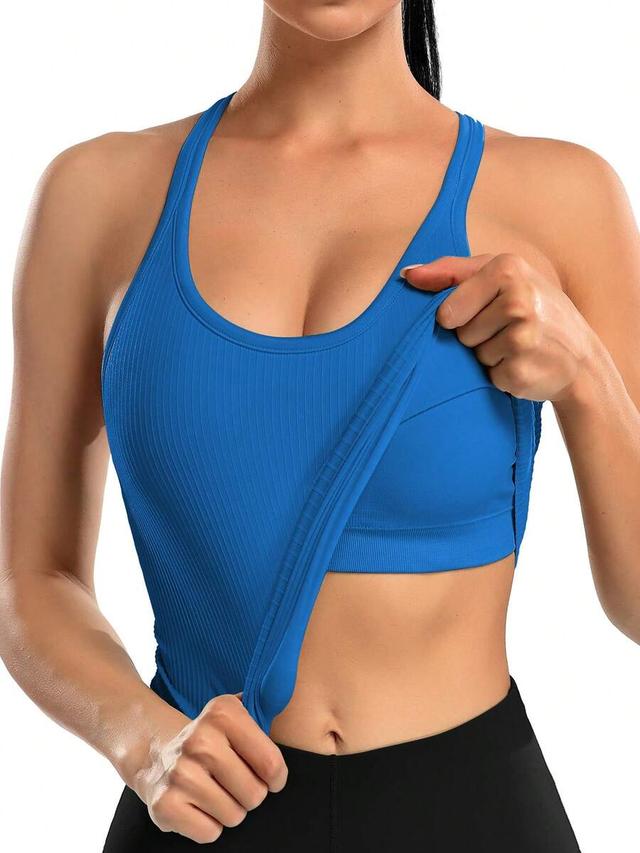 women's solid color round neck padded sports tank top