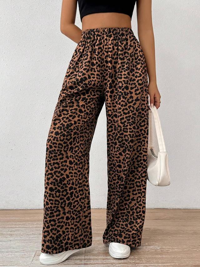 leopard print elastic waist wide-leg loose pants