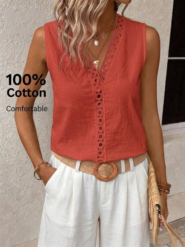 rust sleeveless blouse with guipure lace panel