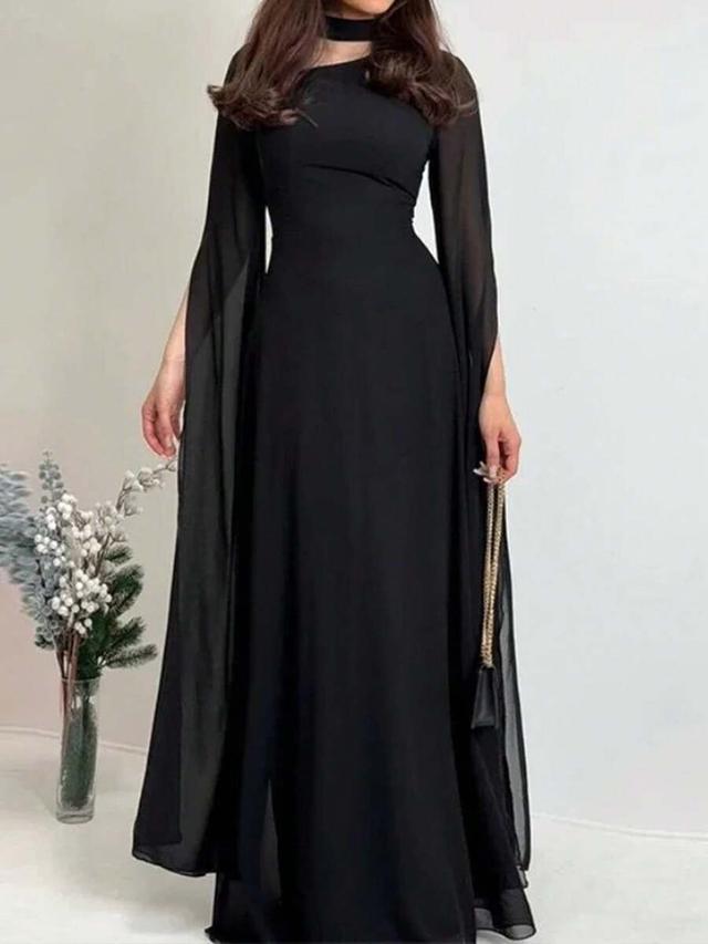 elegant solid black high waist long sleeve maxi dress