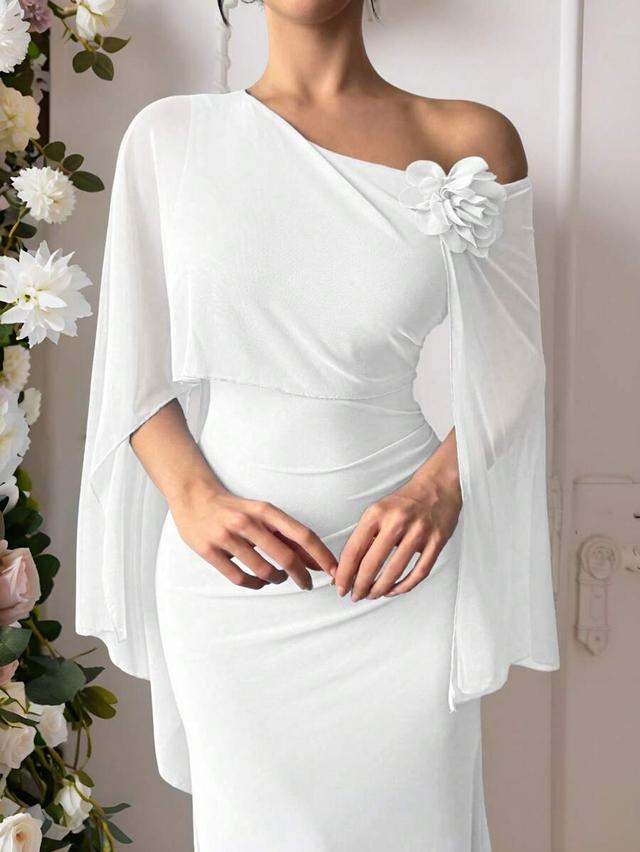 elegant white 3d floral mesh ruched maxi dress