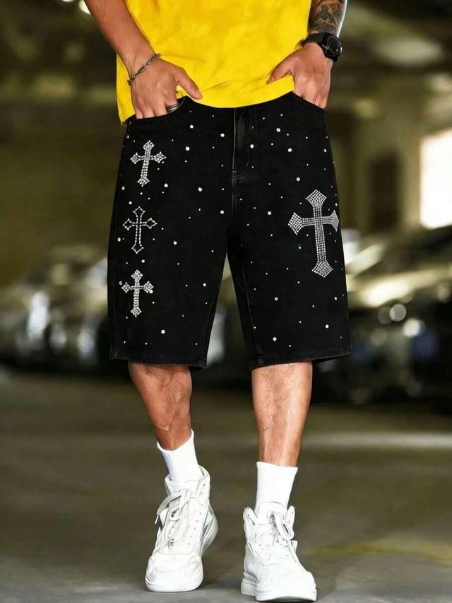 men's black denim shorts with gothic cross rhinestone embellishment