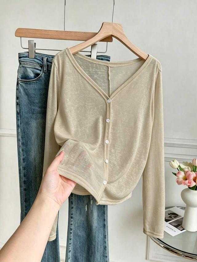 beige sheer long sleeve button down top
