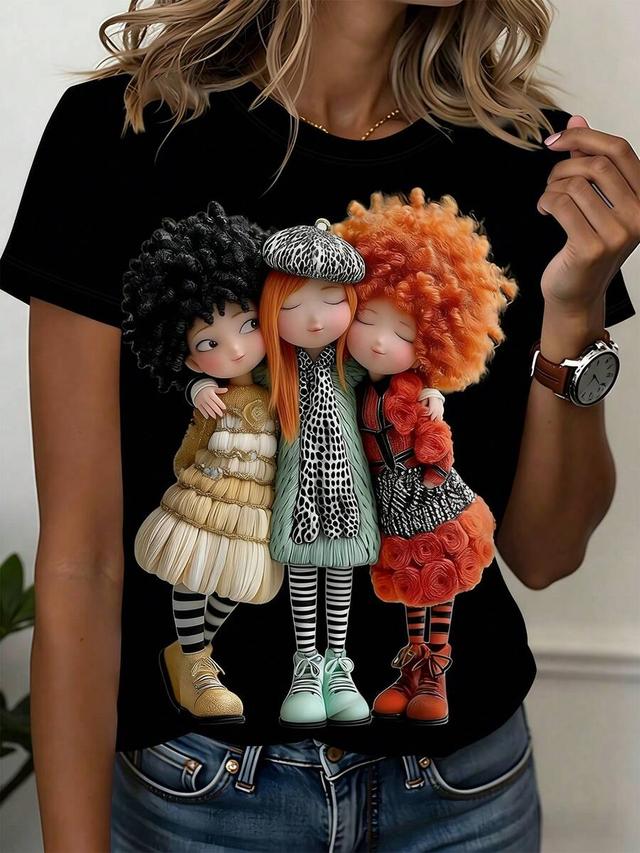 women's cute doll print black cotton t-shirt