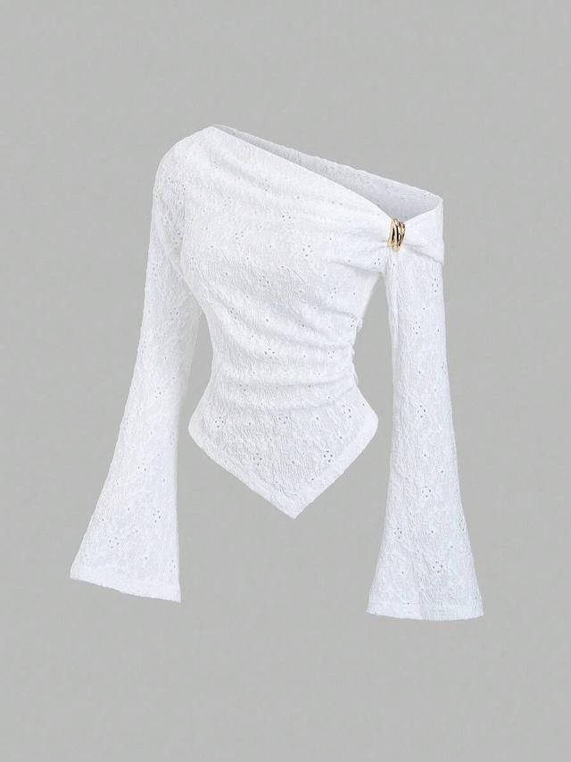 white asymmetric shoulder textured fabric casual top