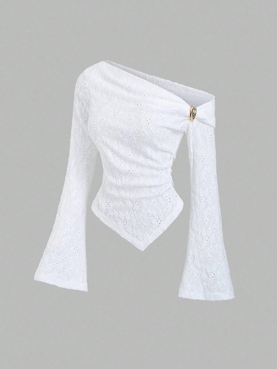white asymmetric shoulder textured fabric casual top