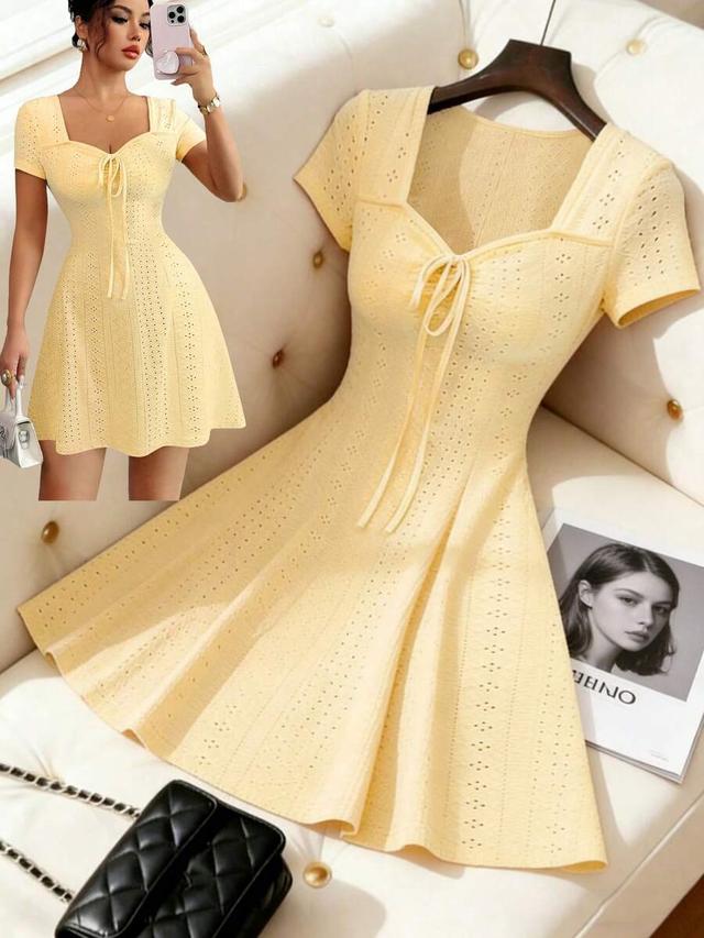 cream-yellow knitted jacquard slim-fit short dress