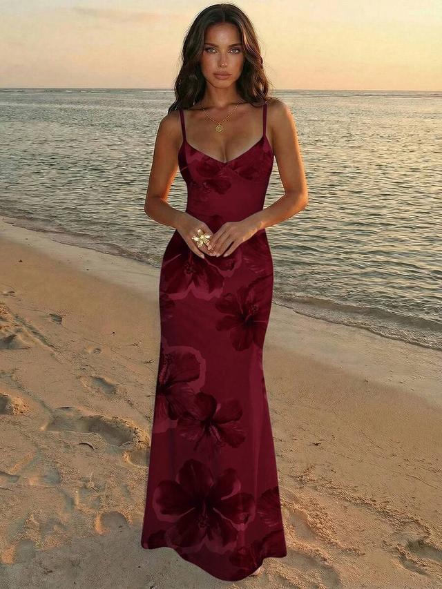 burgundy floral print satin maxi slip dress