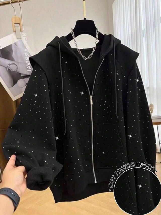 rhinestone zip up black oversized fleece hoodie