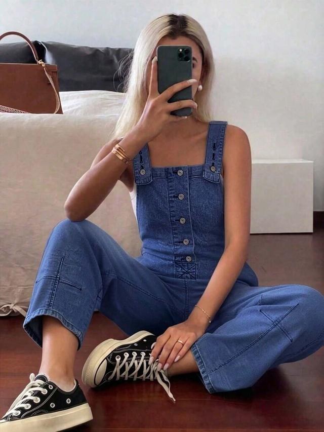 women's light wash denim button placket capri jumpsuit