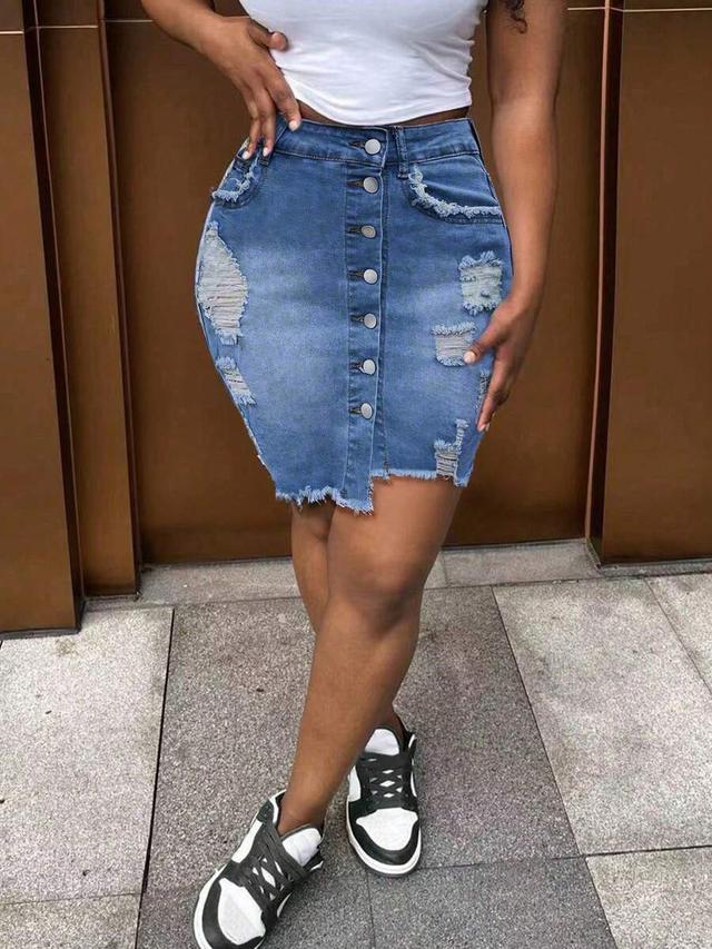 distressed blue denim button-front mini skirt
