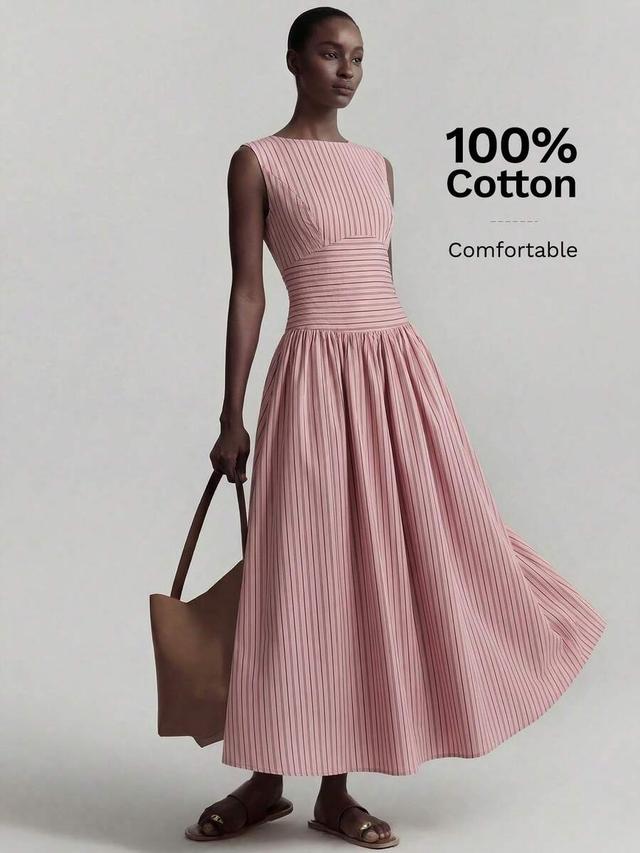 pink striped sleeveless cotton pleated a-line dress