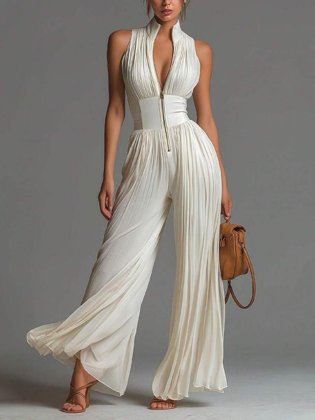white pleated halter jumpsuit with structured waist