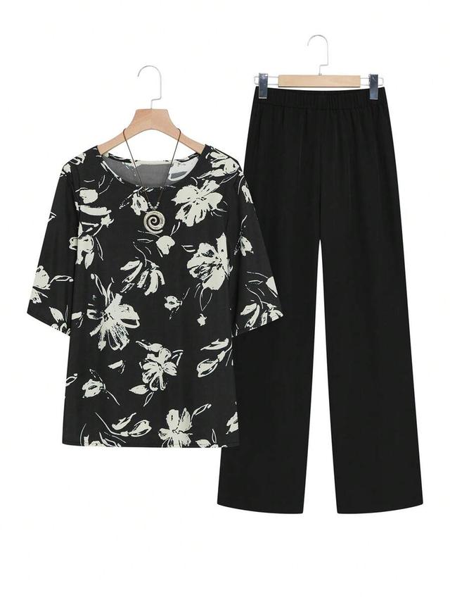 floral print round neck short sleeve casual set