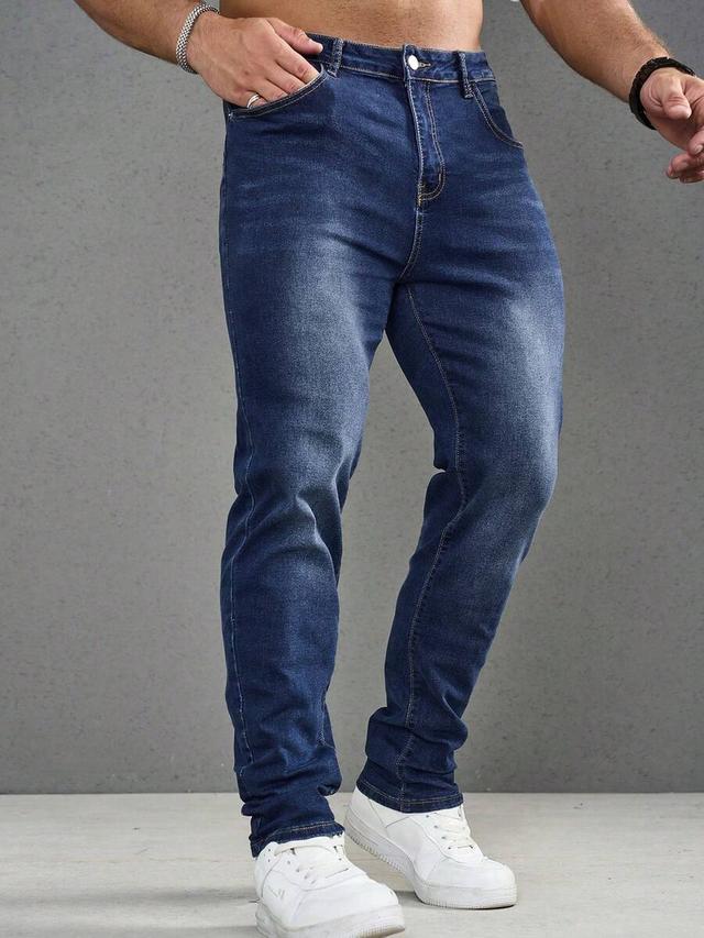 men's straight fit deep wash blue denim jeans