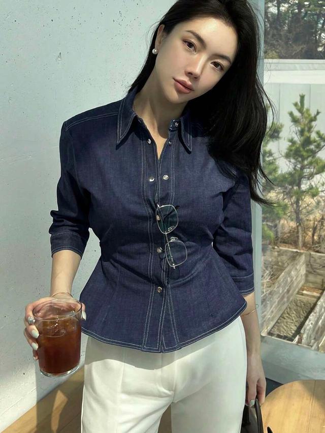 fitted dark denim button up shirt with contrast stitching