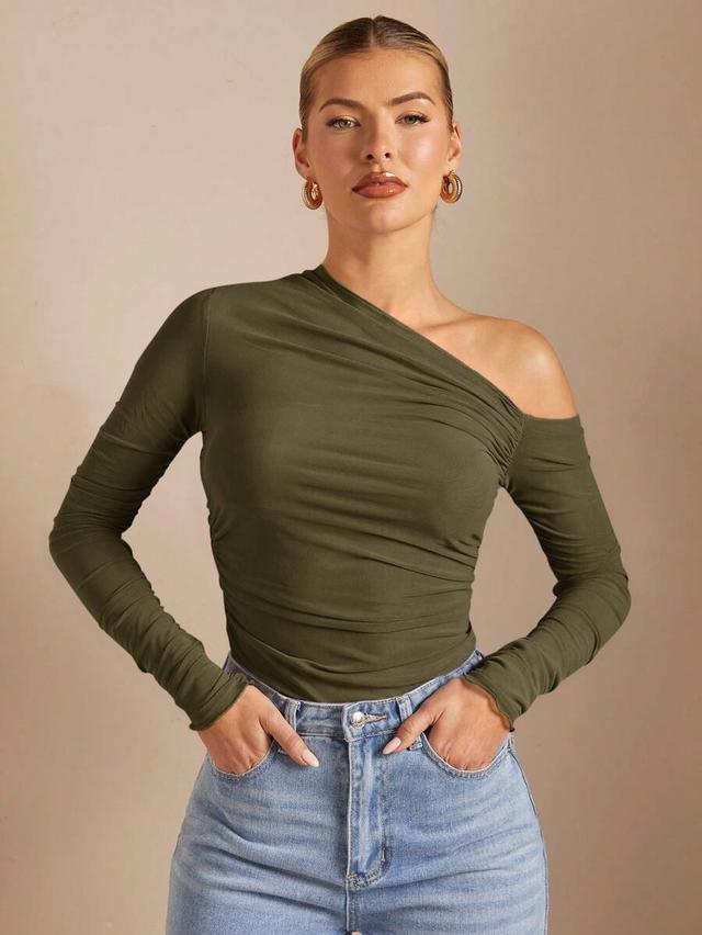 olive green asymmetric draped long sleeve top