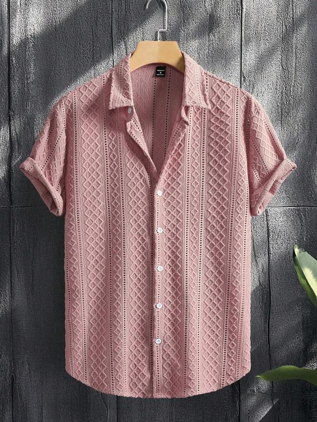 pink textured short sleeve button-down shirt
