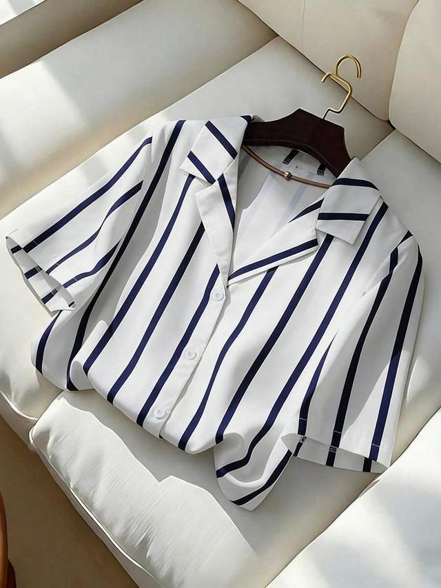 navy and white striped short-sleeved lapel blouse