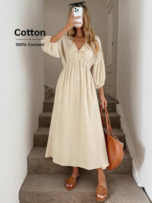 light beige cotton v-neck lantern sleeve long dress