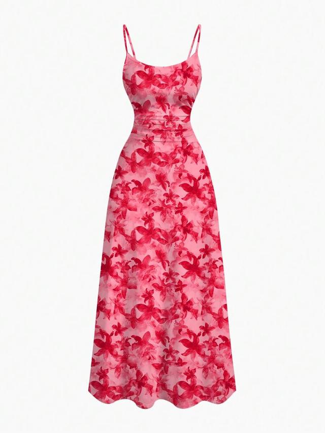 pink floral tropical print spaghetti strap midi dress