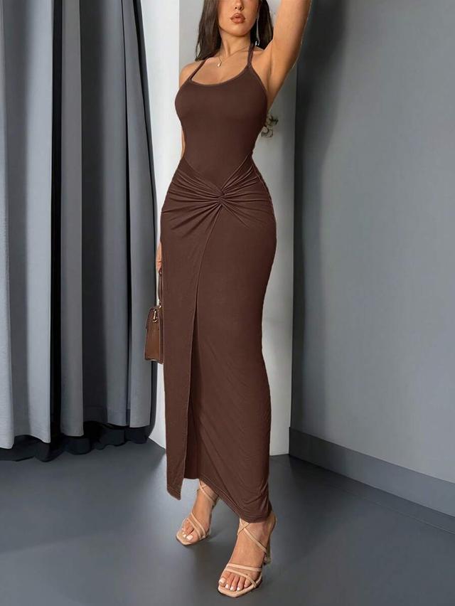 apricot sleeveless twist design long summer dress