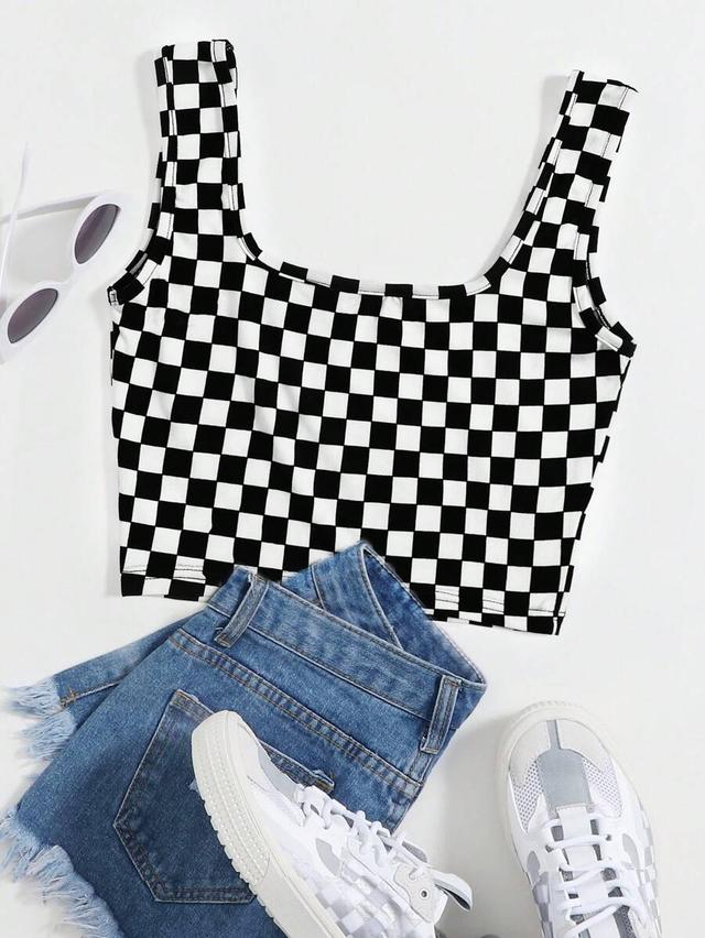 black and white checkerboard print crop tank top