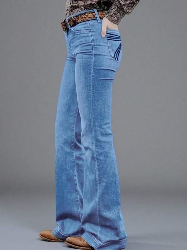 light wash denim flare jeans with back pocket detailing