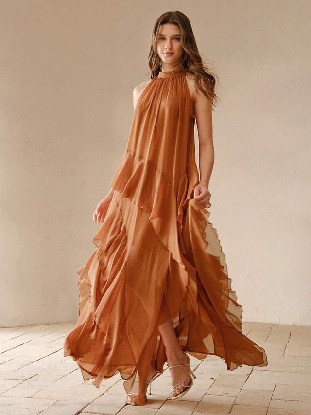 rust orange lightweight tiered halter goddess dress