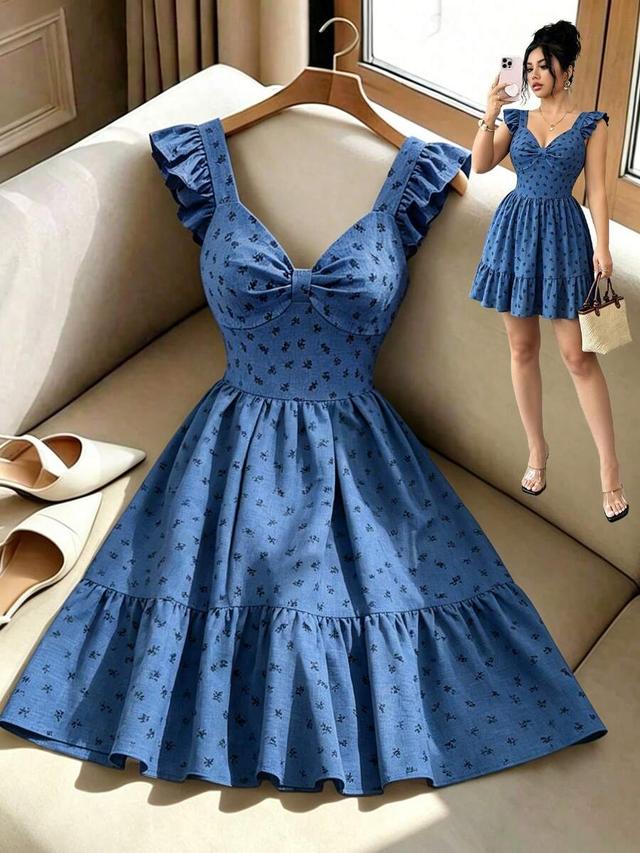 printed slub linen short flutter sleeve dress