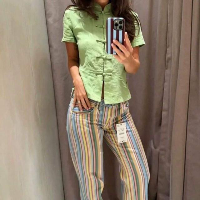 green american-style striped low-waist straight-leg jeans