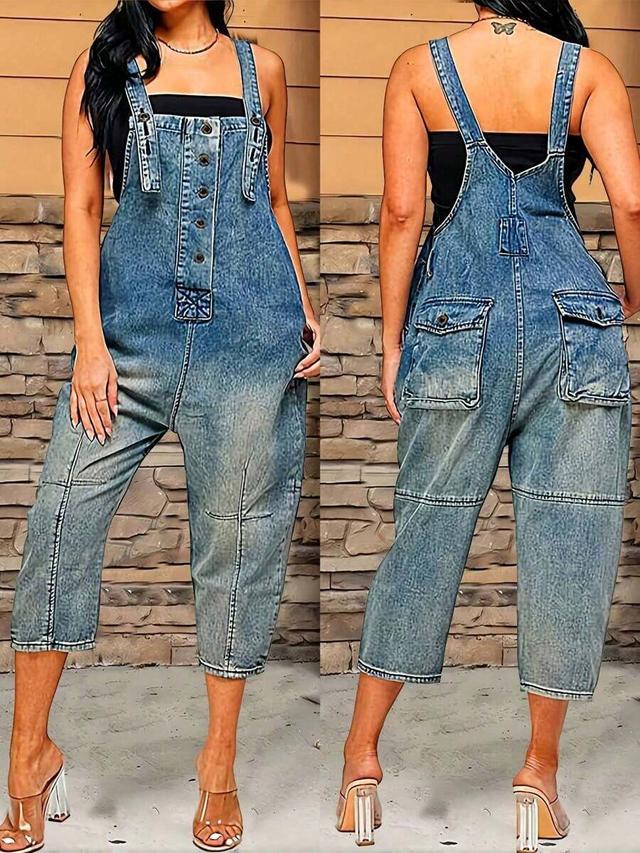 distressed blue denim button-front dungaree overalls